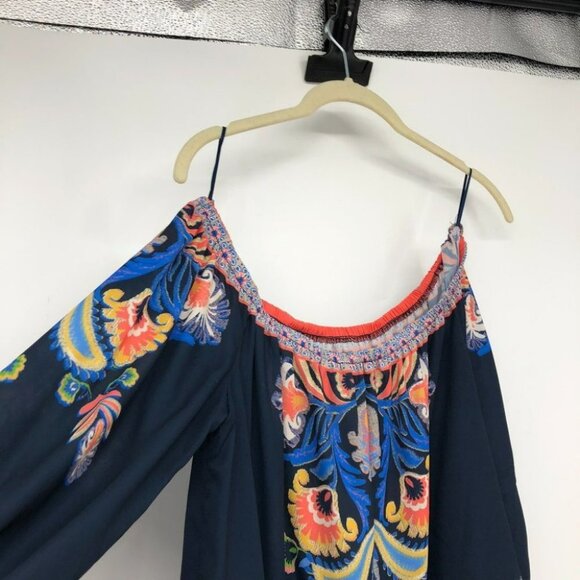Jealous Tomato navy coral boho printed off shoulder blouse XS - Picture 11 of 11